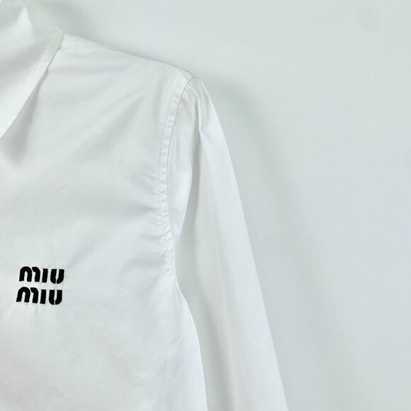 Miu Miu White Cropped Cotton Long Sleeve Shirt Logo Embroidery Single Breasted S - Picture 3 of 9
